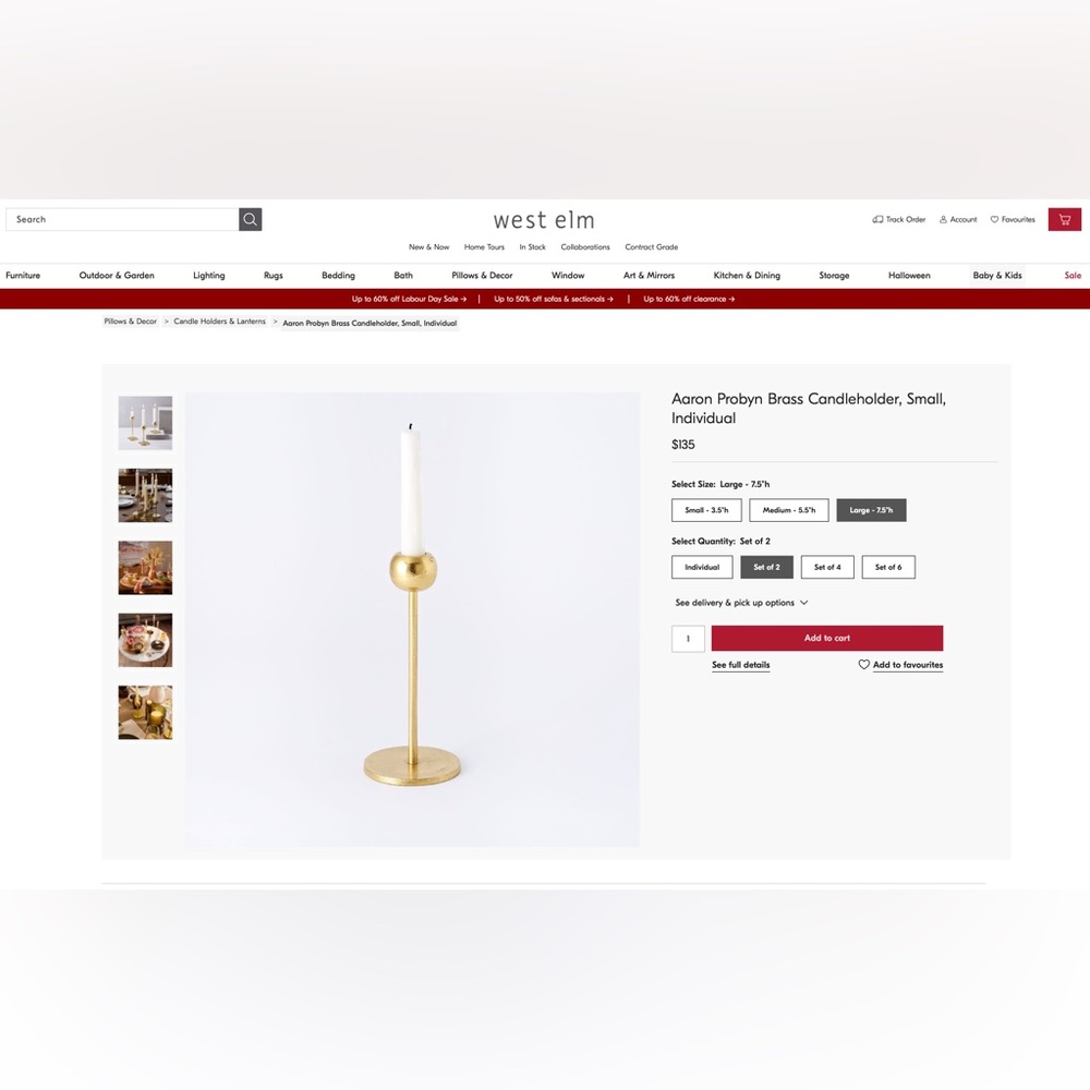 West Elm Aaron Probyn Brass Candleholder